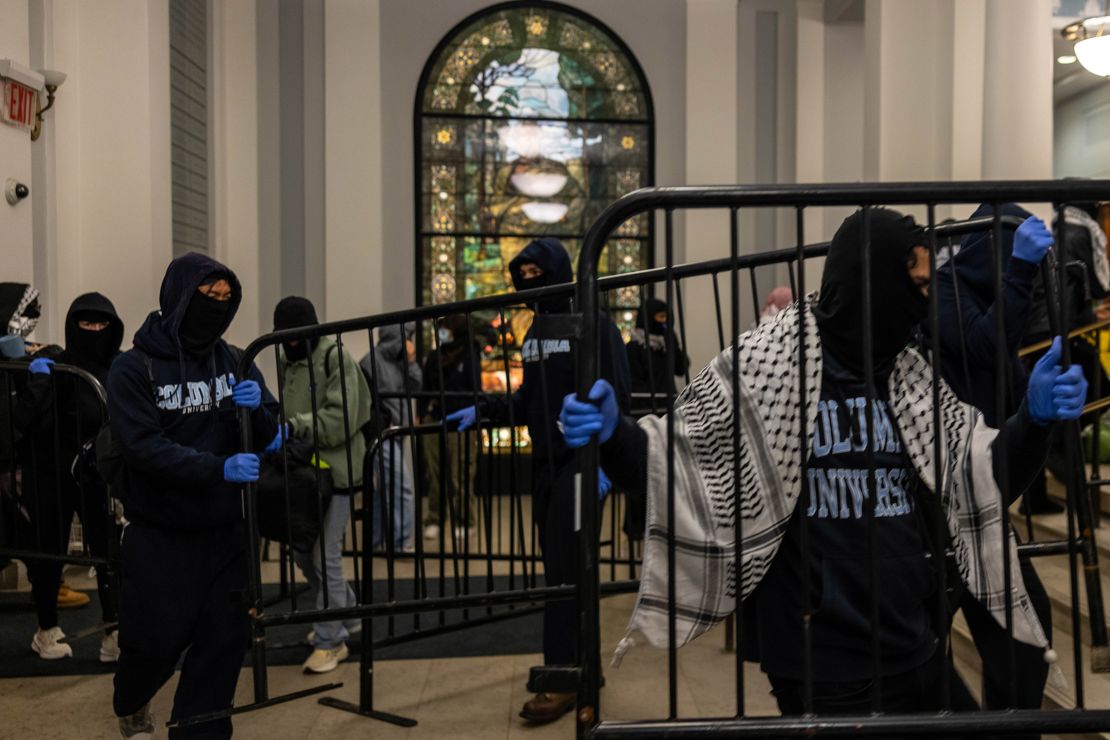 Demonstrators supporting Palestinians in Gaza barricade themselves inside Hamilton Hall, an academic building on the campus of Columbia University in New York City on April 30, 2024.