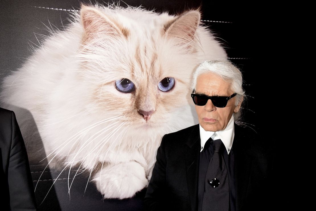 Karl Lagefeld at a viewing for his photo calender 'Corsa Karl and Choupette' at the Palazzo Italia in Berlin, Germany, February 3, 2015. Lagerfeld took the pictures of his cat Choupette for the calendar.